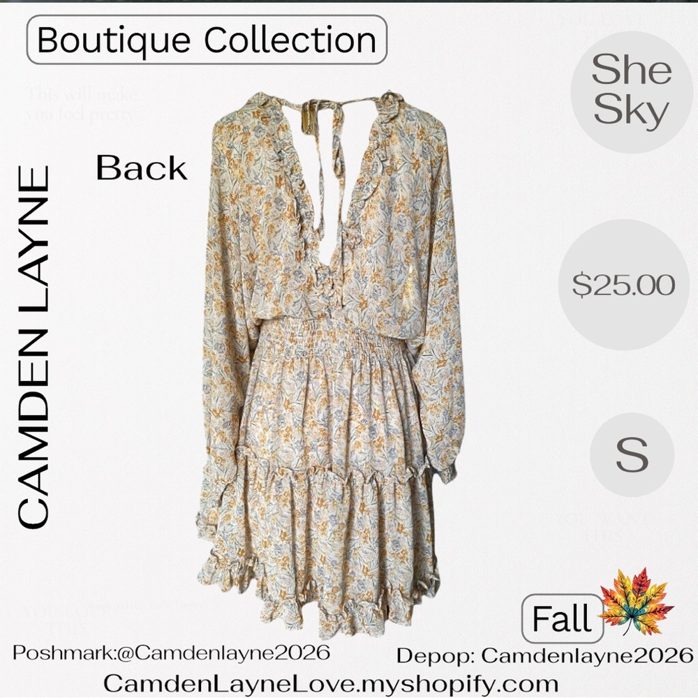 She + Sky Long Sleeve Floral Dress in Cream and Gold - Picture 5 of 11
